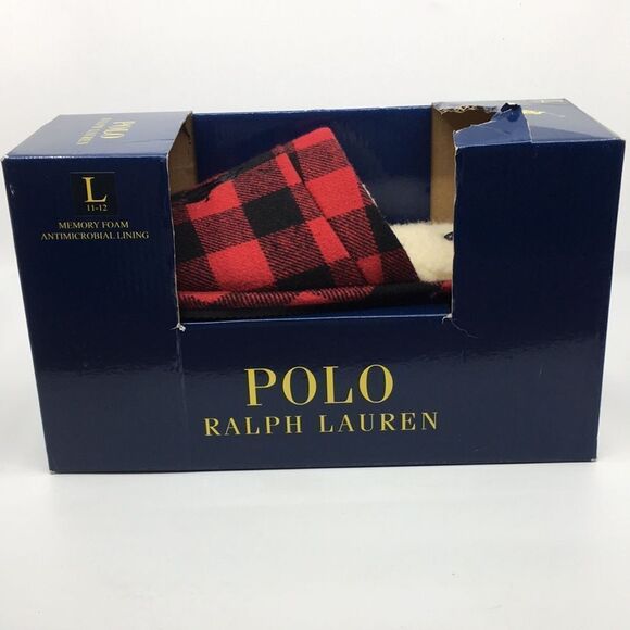 Polo Ralph Lauren Big Pony Red and Black Buffalo Plaid faux Sherpa Slippers L - Picture 2 of 16